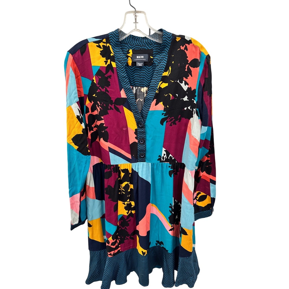 Maeve Anthropologie Multicolor Print Dress Button Up Long Sleeve Medium‎